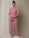Maternity Cotton Rib Knit Long T-Shirt With Full Sleeves- Pink