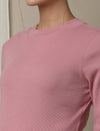 Maternity Cotton Rib Knit Long T-Shirt With Full Sleeves- Pink