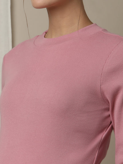 Maternity Cotton Rib Knit Long T-Shirt With Full Sleeves- Pink