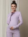 Maternity Cotton Rib Knit Long T-Shirt With Full Sleeves- Purple