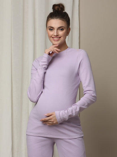 Maternity Cotton Rib Knit Long T-Shirt With Full Sleeves- Purple
