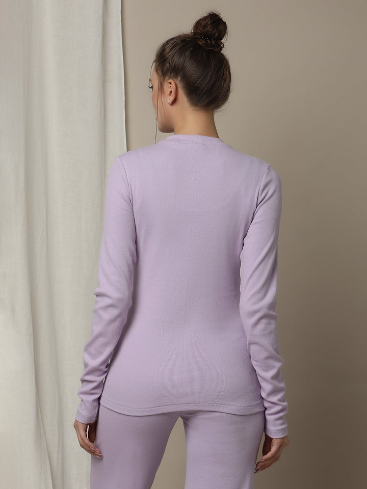 Maternity Cotton Rib Knit Long T-Shirt With Full Sleeves- Purple