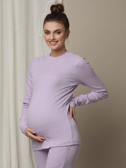 Maternity Cotton Rib Knit Long T-Shirt With Full Sleeves- Purple