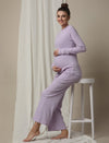 Maternity Cotton Rib Knit Long T-Shirt With Full Sleeves- Purple