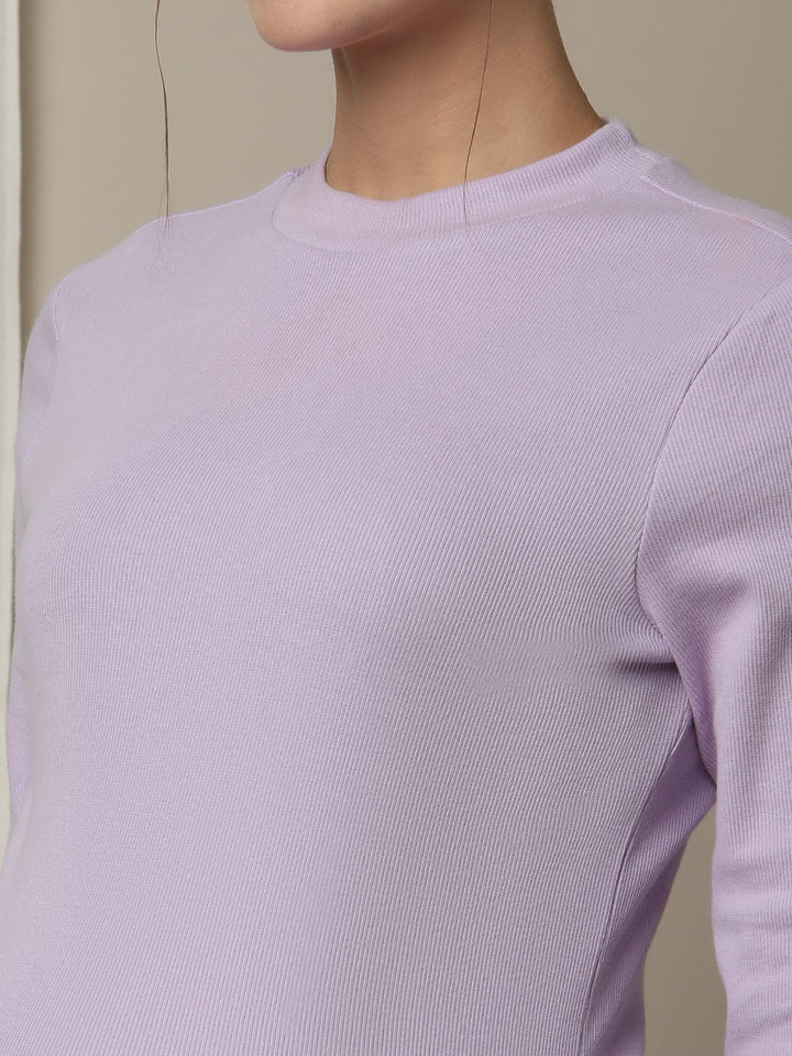 Maternity Cotton Rib Knit Long T-Shirt With Full Sleeves- Purple