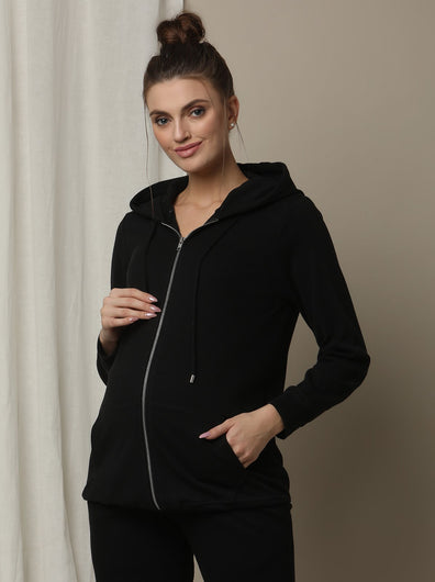 Maternity & Nursing Hooded Jacket with Zipper- Black