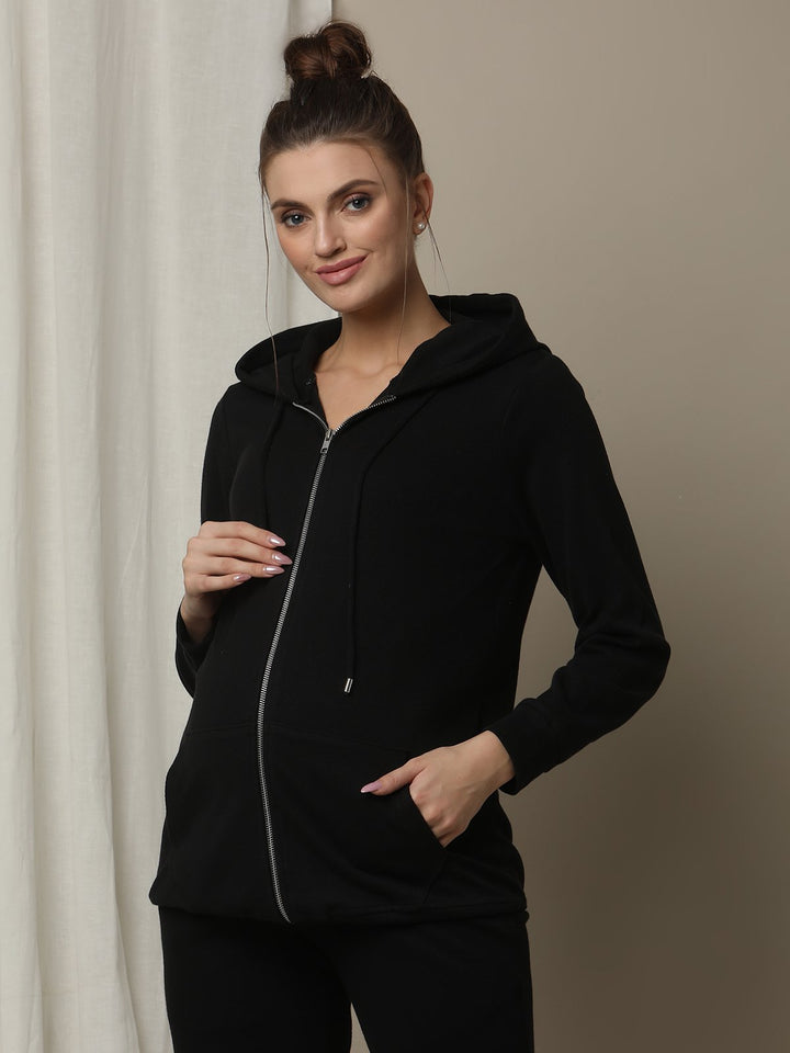 Maternity & Nursing Hooded Jacket with Zipper- Black