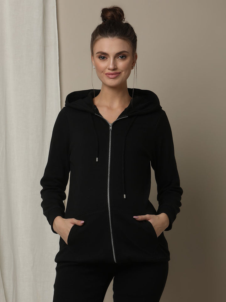 Maternity & Nursing Hooded Jacket with Zipper- Black