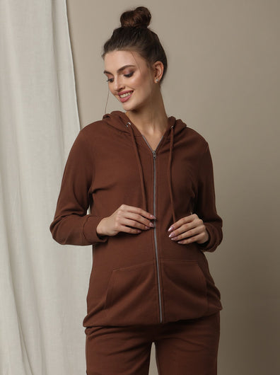 Maternity & Nursing Hooded Jacket with Zipper- Brown