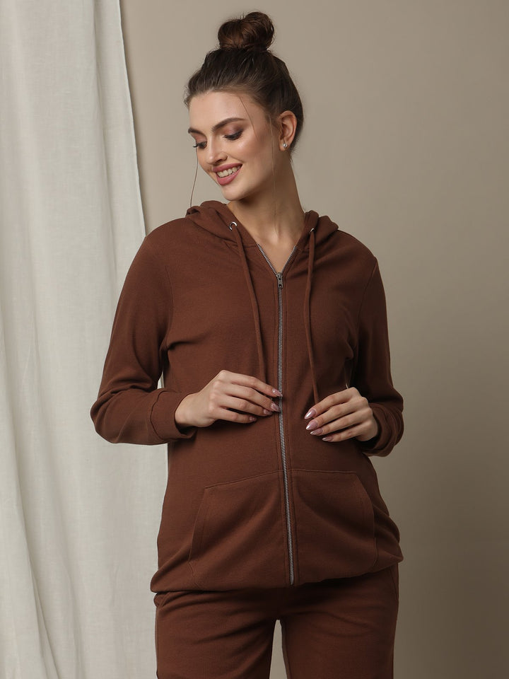 Maternity & Nursing Hooded Jacket with Zipper- Brown