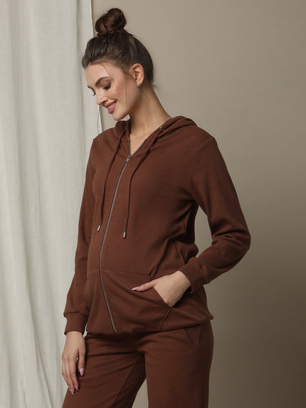 Maternity & Nursing Hooded Jacket with Zipper- Brown