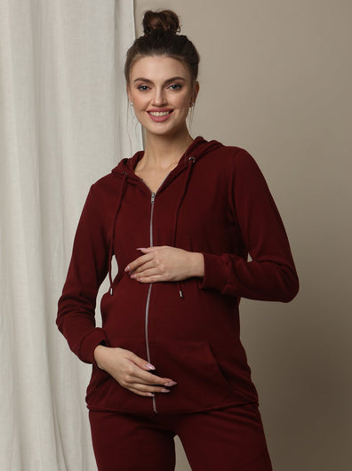 Maternity & Nursing Hooded Jacket with Zipper- Burgundy