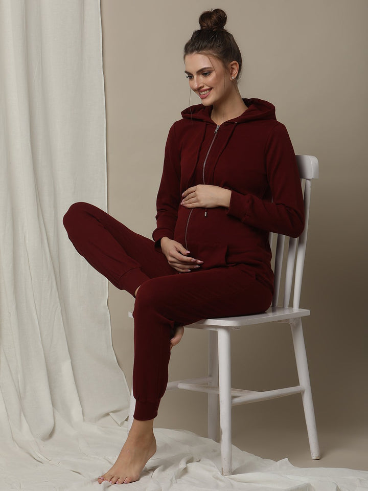 Maternity & Nursing Hooded Jacket with Zipper- Burgundy