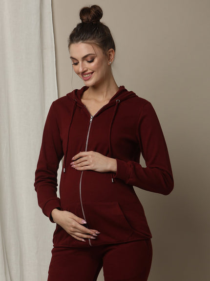 Maternity & Nursing Hooded Jacket with Zipper- Burgundy