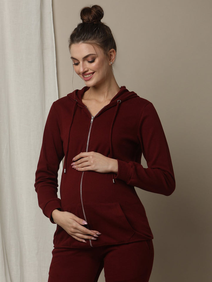 Maternity & Nursing Hooded Jacket with Zipper- Burgundy