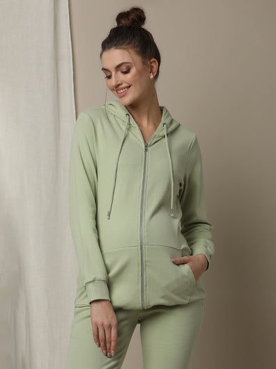 Maternity & Nursing Hooded Jacket with Zipper- Green