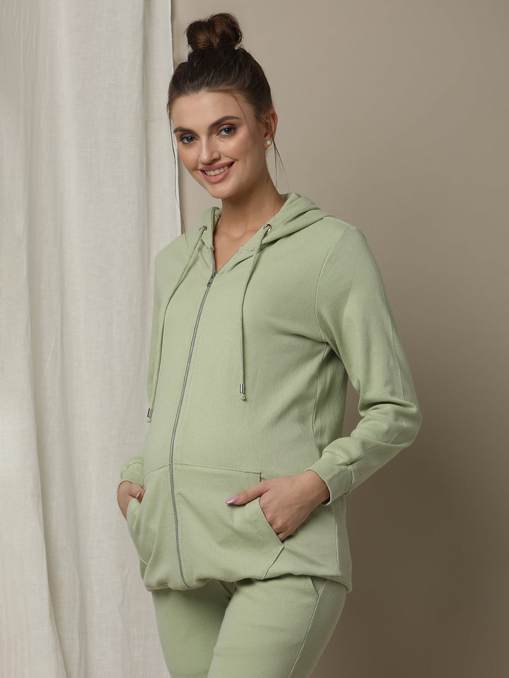 Maternity & Nursing Hooded Jacket with Zipper- Green