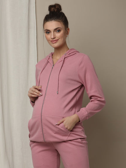 Maternity & Nursing Hooded Jacket with Zipper- Pink