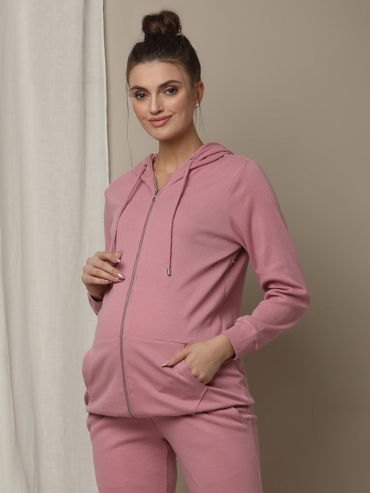 Maternity & Nursing Hooded Jacket with Zipper- Pink