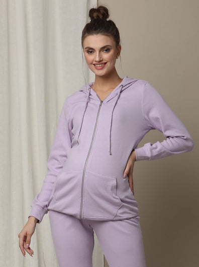 Maternity & Nursing Hooded Jacket with Zipper- Purple