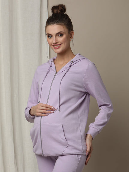 Maternity & Nursing Hooded Jacket with Zipper- Purple