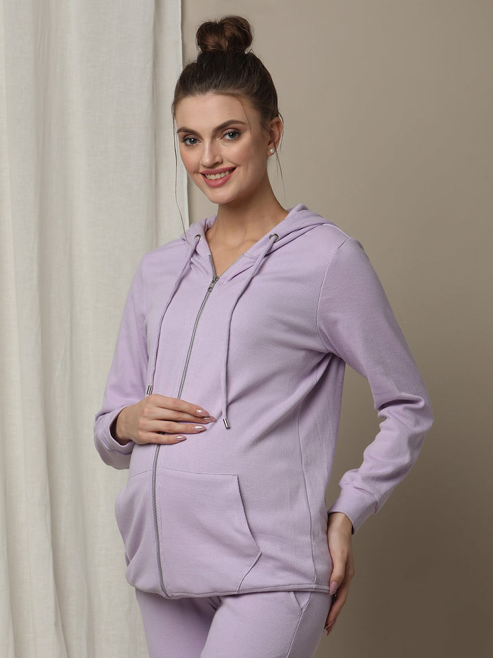 Maternity & Nursing Hooded Jacket with Zipper- Purple