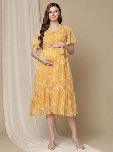 Yellow Floral Maternity Midi Dress