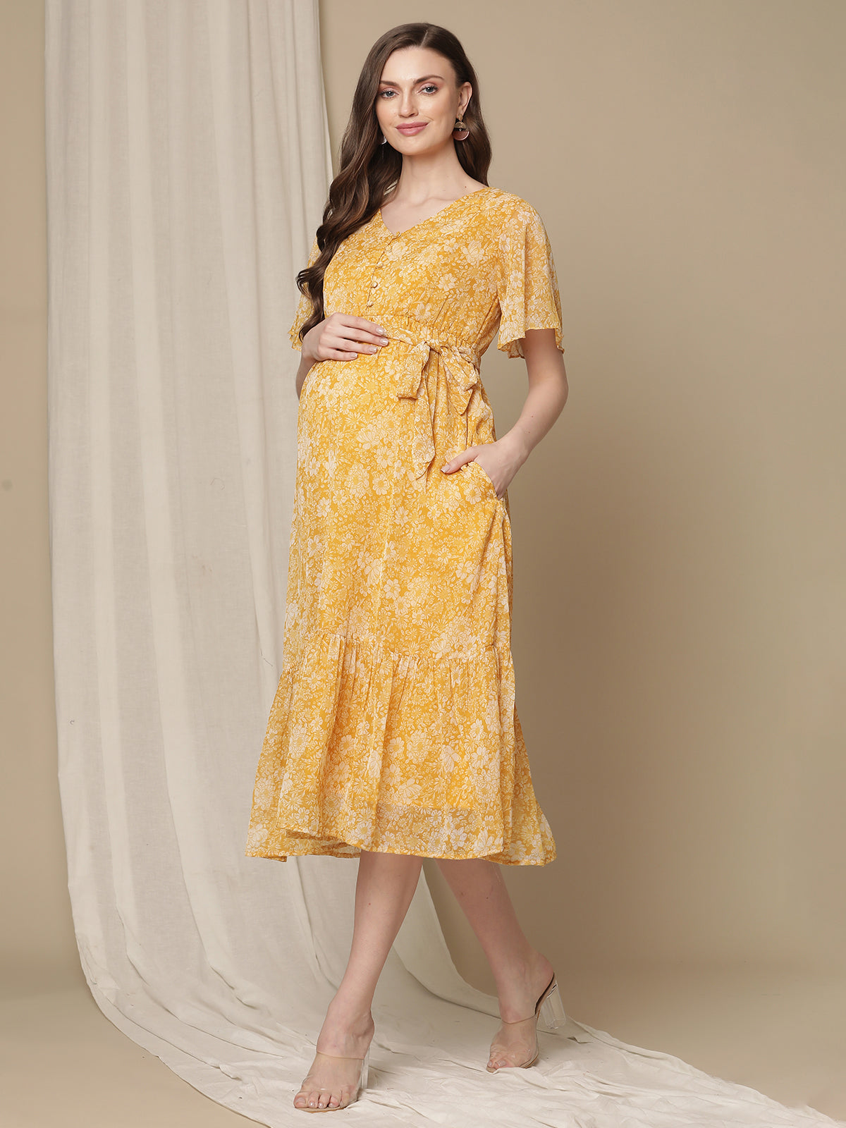 midi yellow maternity dress Lola Smocked Maternity & Nursing Midi Dress